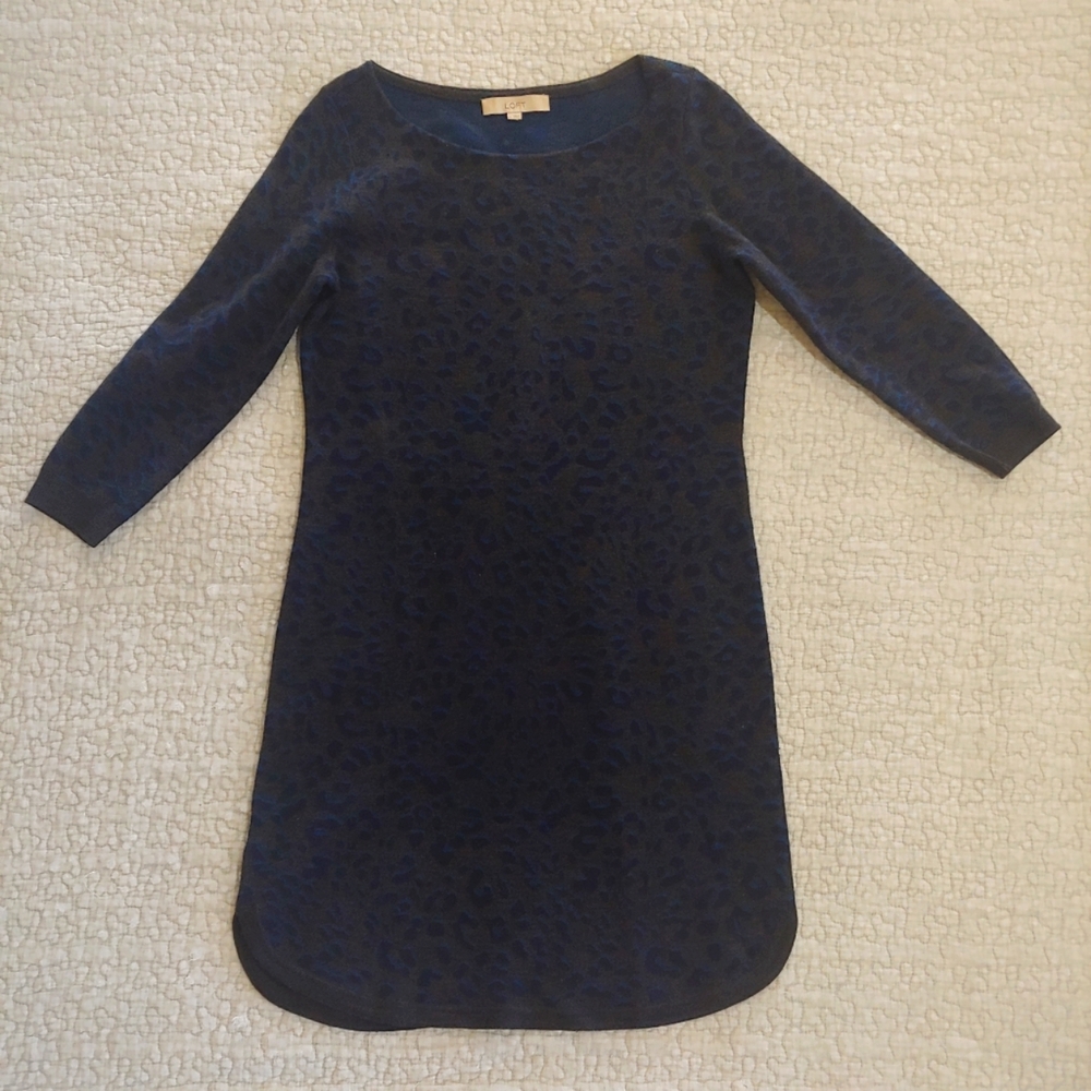 Loft Cheetah Print Sweater Dress, Women's Size M, Grey/Navy Blue/Blue